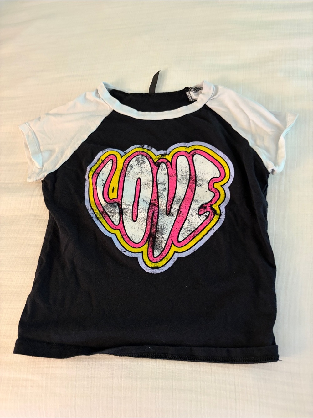 Kids Black & White Short Sleeve Tee with Pink Love Heart Graphic